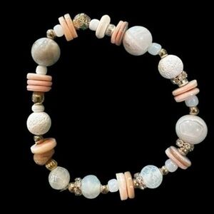 Beaded Stretch Bracelet Coral White Gold Tone